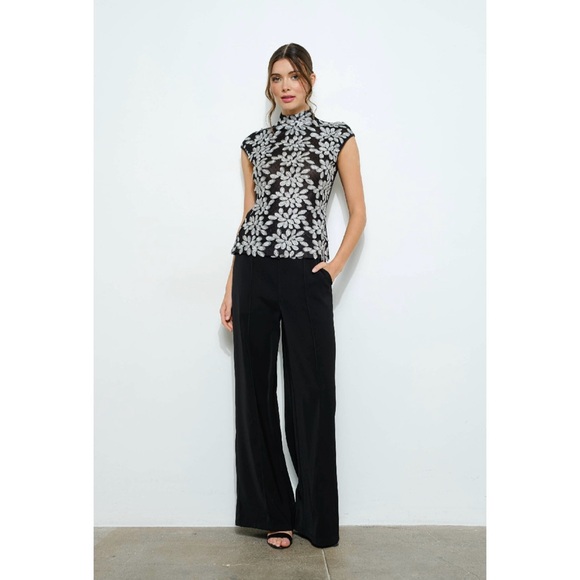 NWT Boutique Amaya High Neck Sheer Mesh Embroidered Top – Black/Silver - Picture 2 of 7